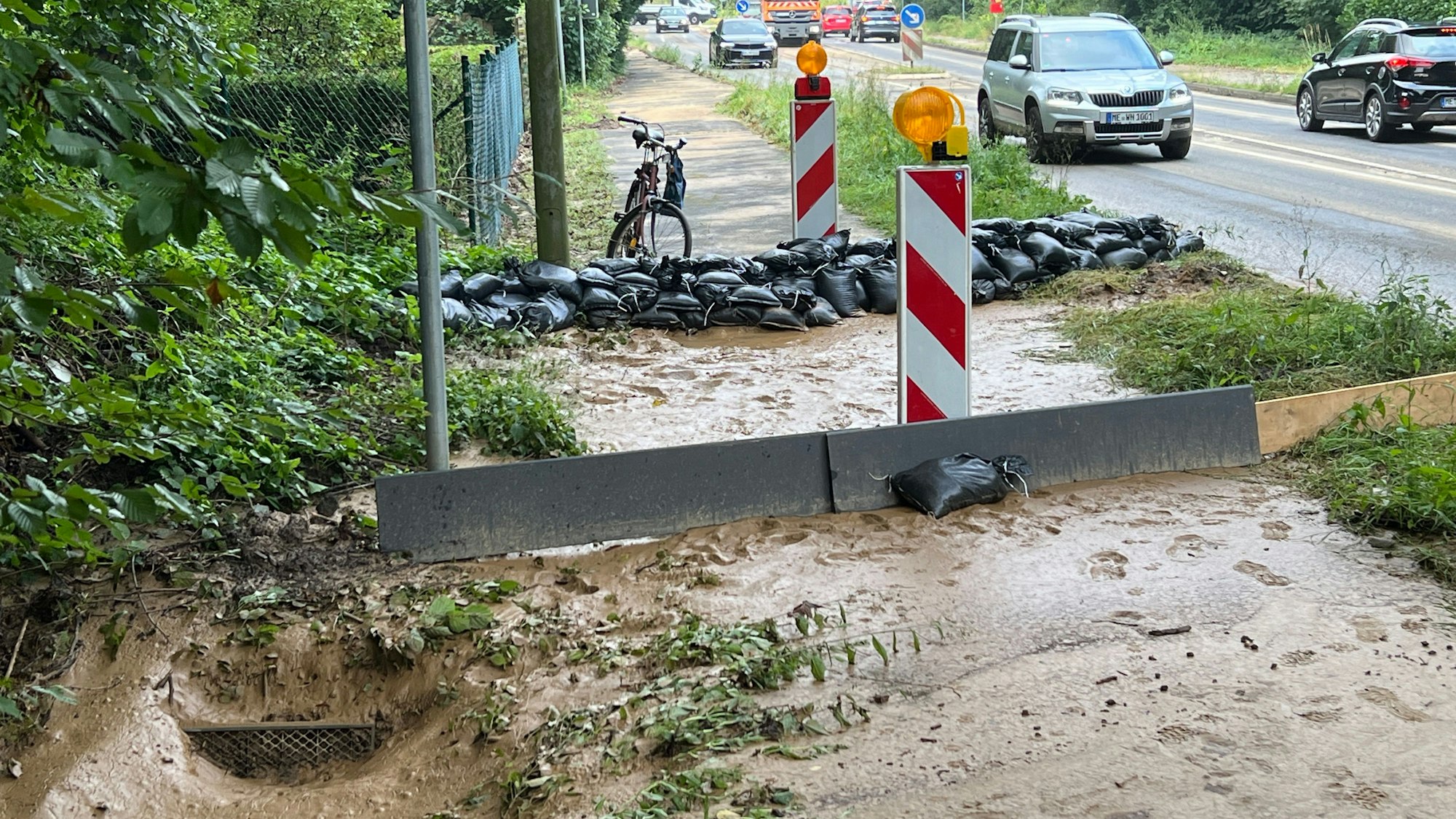 Der Ablauf neben der L294 (in der Bildecke links unten) war überfordert. Daraufhin lief das Aufräumen und Fazit-Ziehen war nach der kurzen aber heftigen Sturzflut vom Donnerstag angesagt.