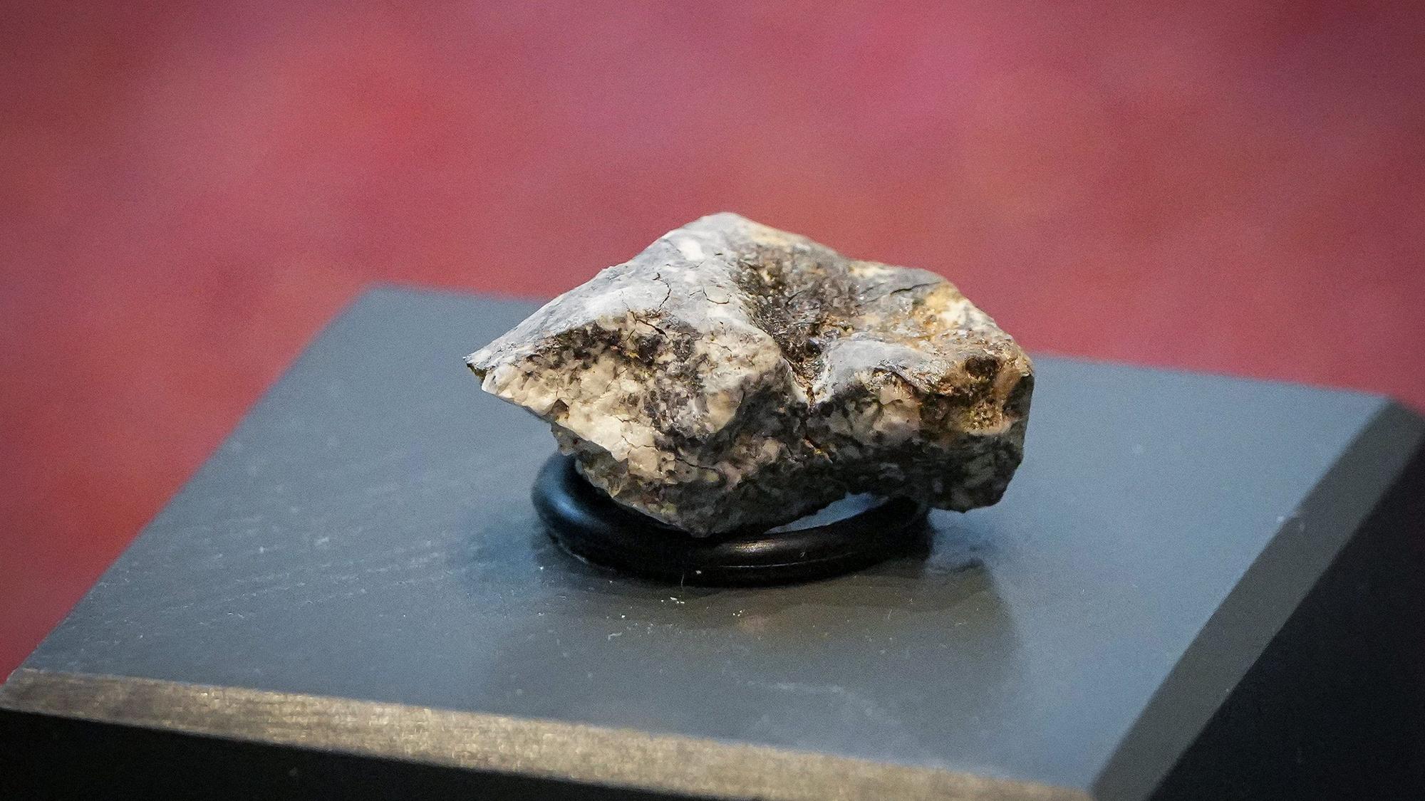 Eines der nahe dem brandenburgischen Ribbeck gefundenen Bruchstücke eines Meteoriten liegt im Mineraliensaal des Museums für Naturkunde in einer Glasvitrine.