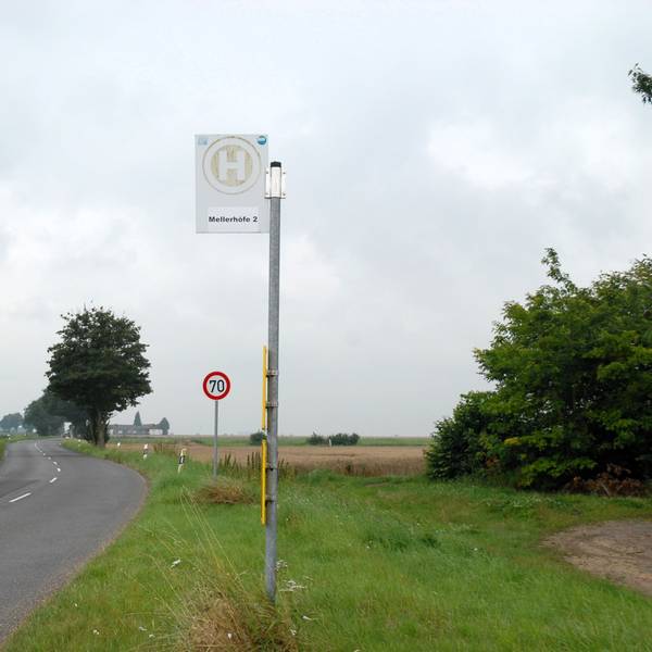Die Bushaltestelle Mellerhöfe I steht an einer Straße. Ein Verkehrsschild zeigt Tempo 70 an. Um sie herum ist ländlicher Betrieb mit eingezäunten Weiden samt Kühen.