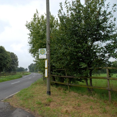 Die Bushaltestelle Mellerhöfe I steht an einer Straße, festgemacht an einer Straßenlaterne in Erftstadt. Um sie herum ist ländlicher Betrieb mit eingezäunten Weiden samt Kühen.