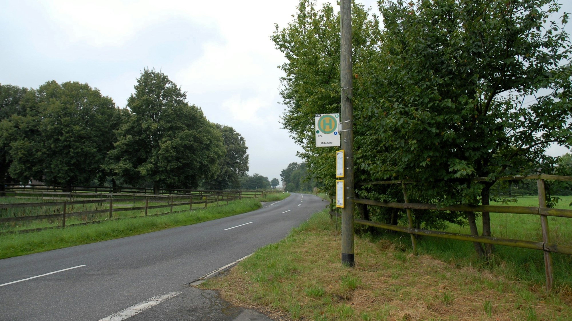 Die Bushaltestelle Mellerhöfe I steht an einer Straße, festgemacht an einer Straßenlaterne in Erftstadt. Um sie herum ist ländlicher Betrieb mit eingezäunten Weiden samt Kühen.