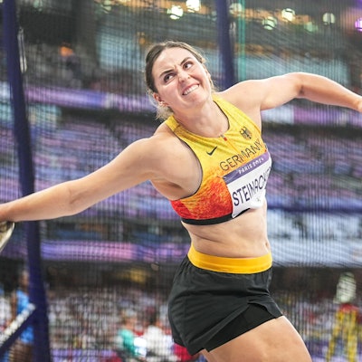 05.08.2024, Frankreich, Saint-Denis: Olympia, Paris 2024, Leichtathletik, Stade de France, Diskuswurf, Frauen, Finale, Marike Steinacker aus Deutschland in Aktion. Foto: Michael Kappeler/dpa +++ dpa-Bildfunk +++