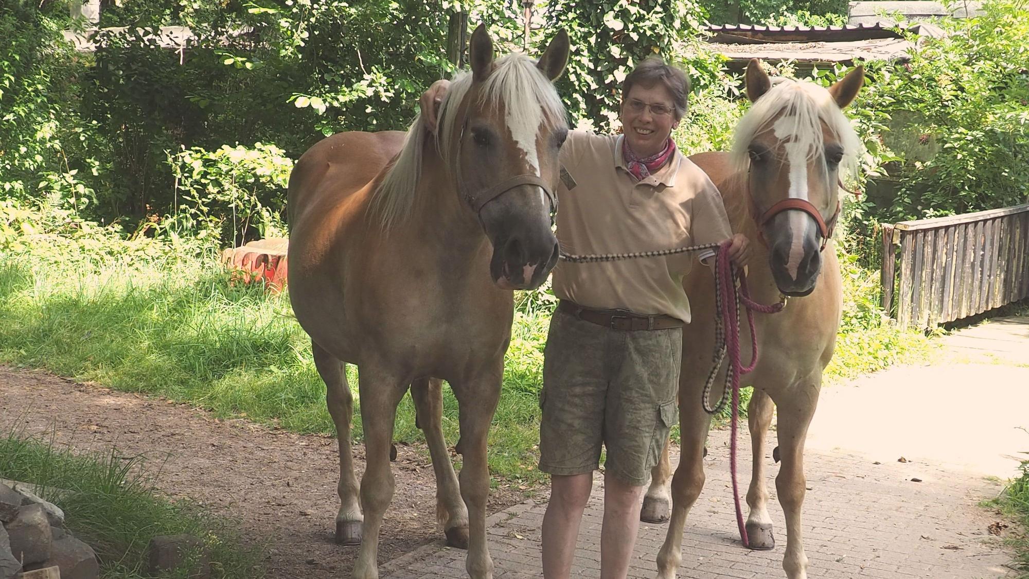 Helga Lagier steht zwischen zwei Pferden, Haflingern mit blonden Mähnen.