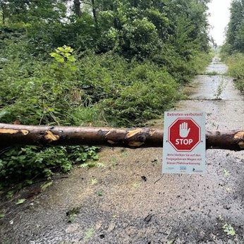 Eine Schranke versperrt den Weg zu den Monitionsdepots im „Camp Hitfeld“.