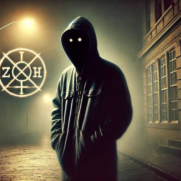 Ein Mann steht mit Maske und leuchtenden Augen auf einer Straße.