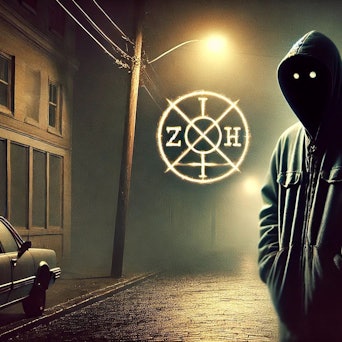 Ein Mann steht mit Maske und leuchtenden Augen auf einer Straße.