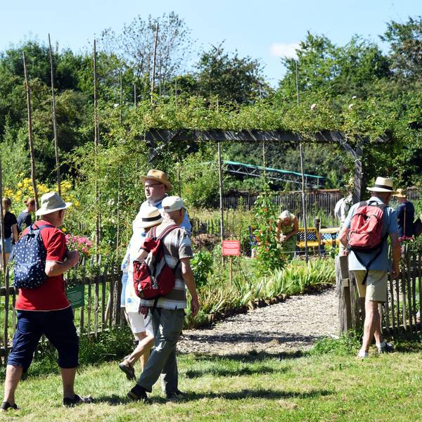 Mehrere Frauen und Männer schlendern durch einen Museumsgarten.