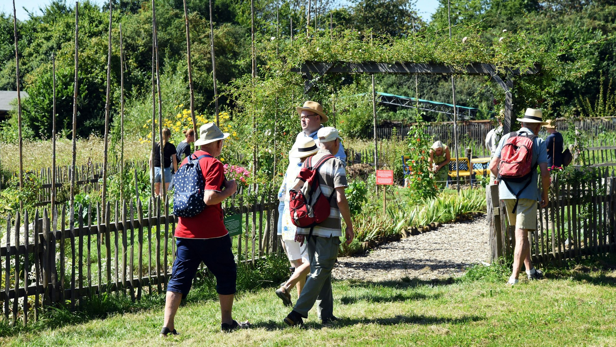 Mehrere Frauen und Männer schlendern durch einen Museumsgarten.