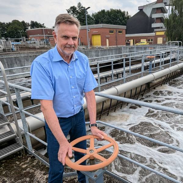 Ein Mann im kurzärmeligen Hemd an einem Schieber vor dem sprudelndem Wasser im Klärbecken.