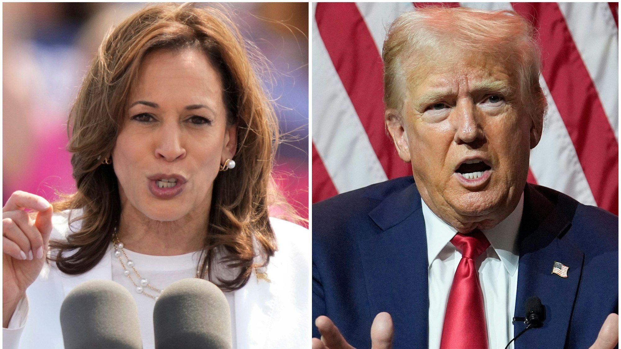 08.08.2024, USA, ---: KOMBO- Die demokratische Präsidentschaftskandidatin Kamala Harris, links, am 7. August 2024 und den republikanischen Präsidentschaftskandidaten und ehemaligen Präsidenten Donald Trump am 31. Juli 2024. Foto: Charles Rex Arbogast/AP/dpa +++ dpa-Bildfunk +++