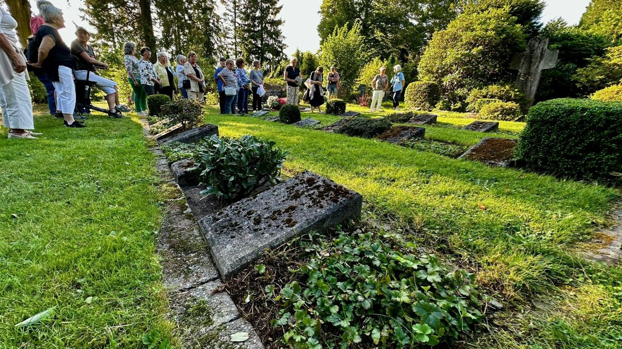Mehrere verwitterte Grabsteine in der Rasenfläche, um sie herum stehen viele Menschen.