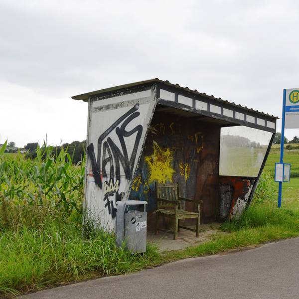 Eine mit Graffiti versehene Bushaltestelle steht mitten im Nirgendwo, drumherum nur Felder und weite Landschaften. Ein Haltestellenschild steht aus Sicht des Betrachtenden rechts von der Haltestelle. Links von der Haltestelle steht ein Mülleimer.