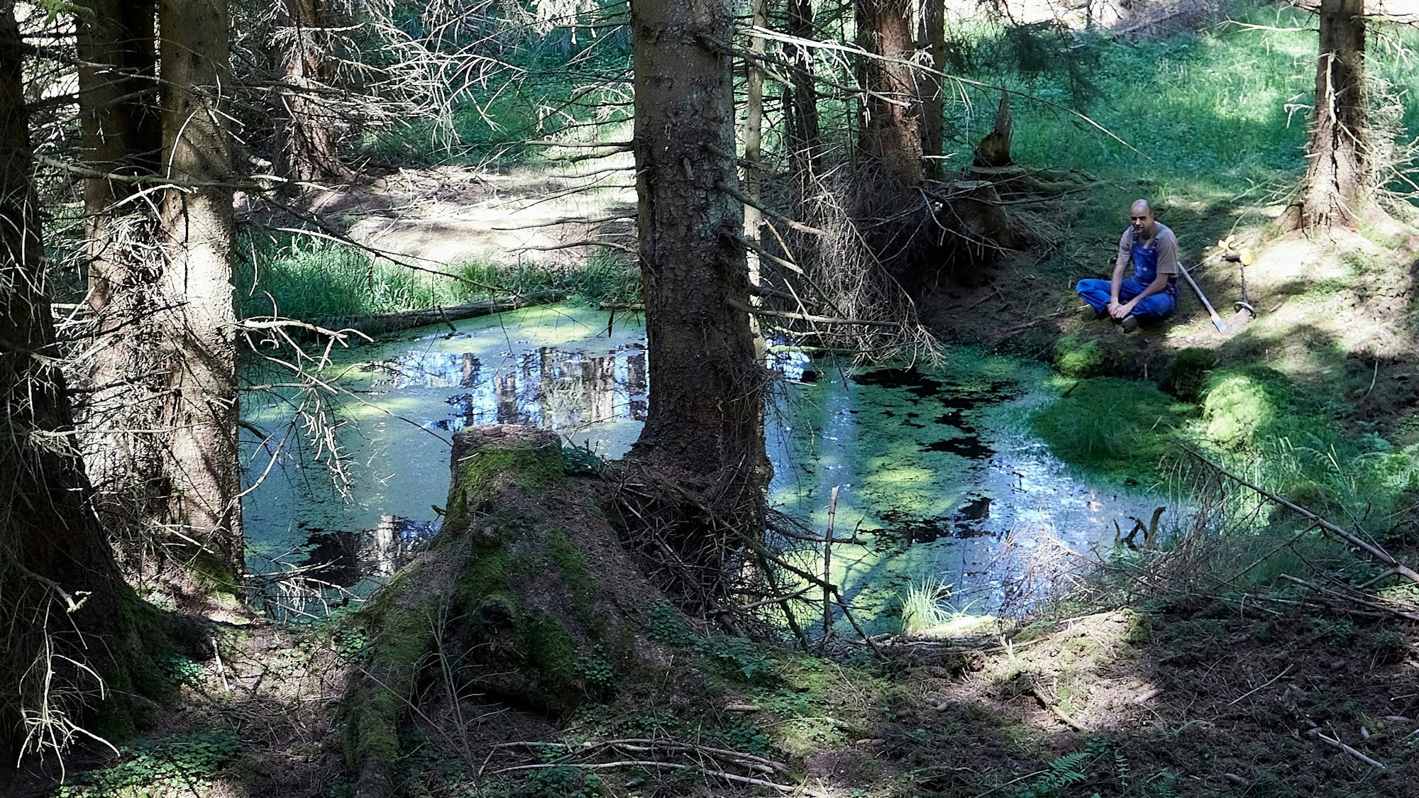 Mark Michels sitzt an einem kleinen Weiher in einem Wald. Dabei handelt es sich um einen Explosionskrater einer V1-Bombe aus dem Zweiten Weltkrieg, der inzwischen mit Wasser gefüllt ist.