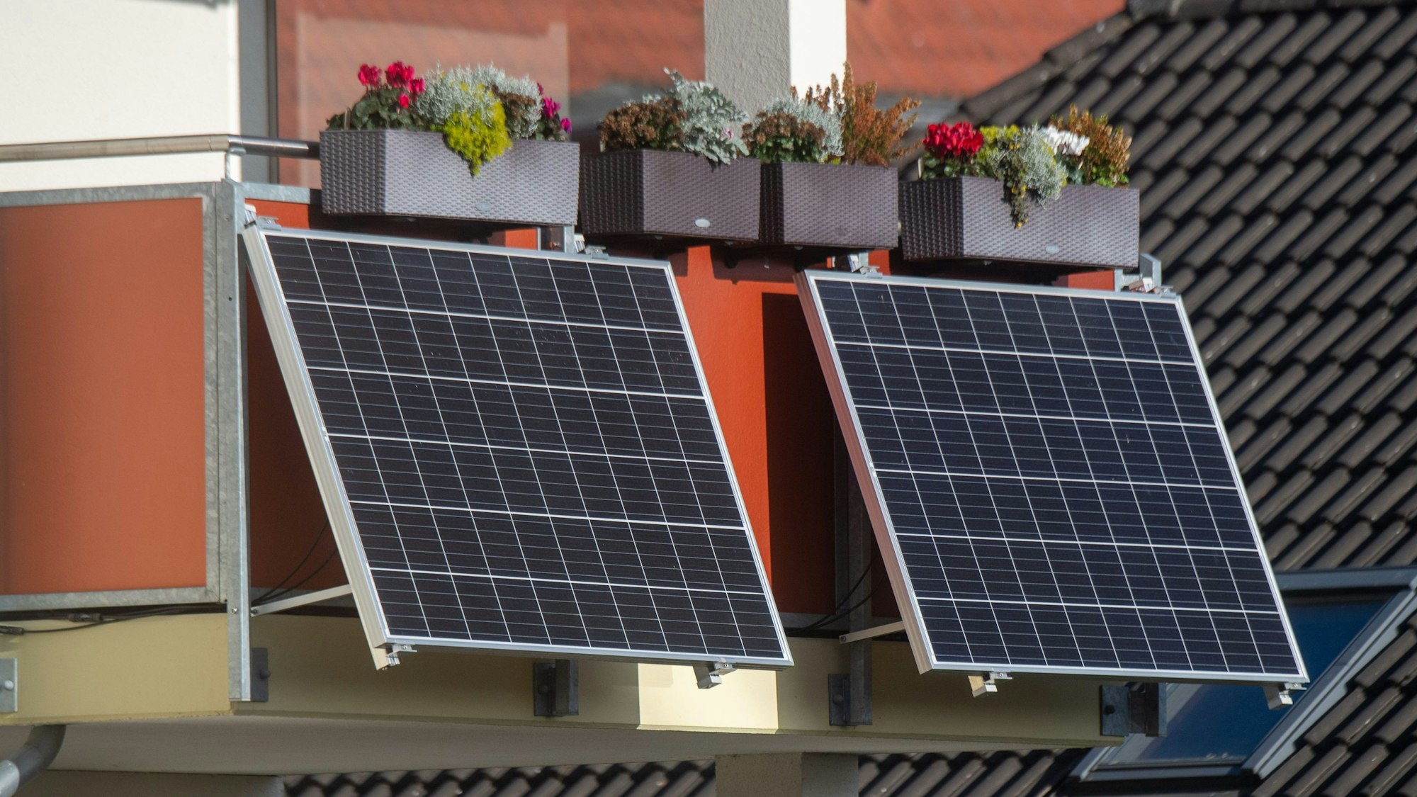 ARCHIV - 07.11.2022, Mecklenburg-Vorpommern, Stralsund: Solarmodule für ein Balkonkraftwerk hängen an einem Balkon. (zu dpa: «Weniger Geld für Solarstrom vom Dach ab August») Foto: Stefan Sauer/dpa +++ dpa-Bildfunk +++