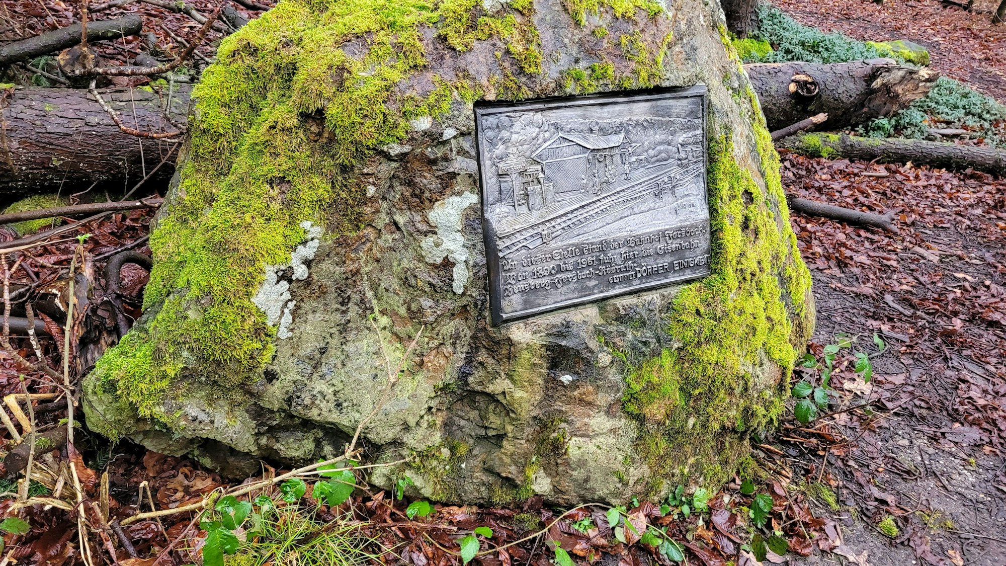 Eine Gedenkplatte der Dörper Einigkeit erinnert an den Forsbacher Bahnhof, der einst mitten im Königsforst stand.