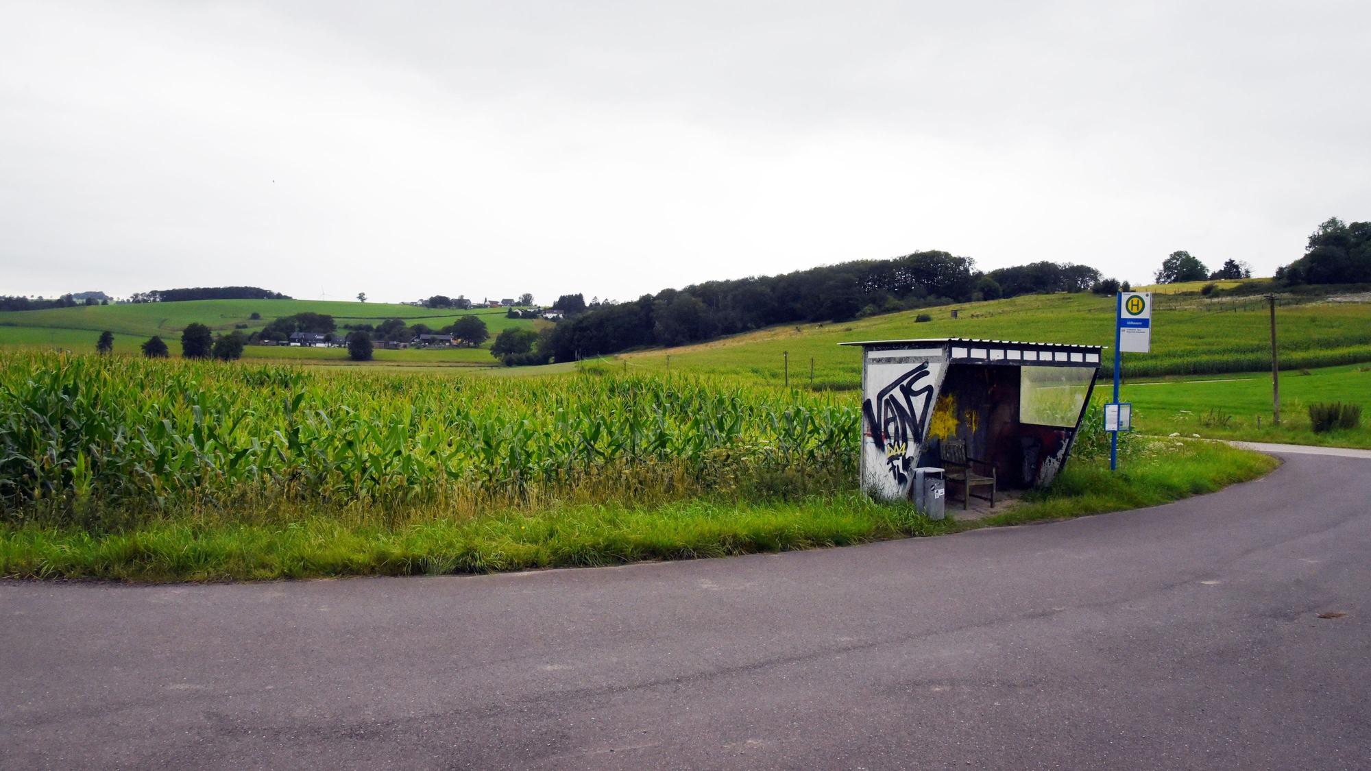 Eine mit Graffiti versehene Bushaltestelle steht mitten im Nirgendwo, drumherum nur Felder und weite Landschaften. Ein Haltestellenschild steht aus Sicht des Betrachtenden rechts von der Haltestelle. Links von der Haltestelle steht ein Mülleimer.
