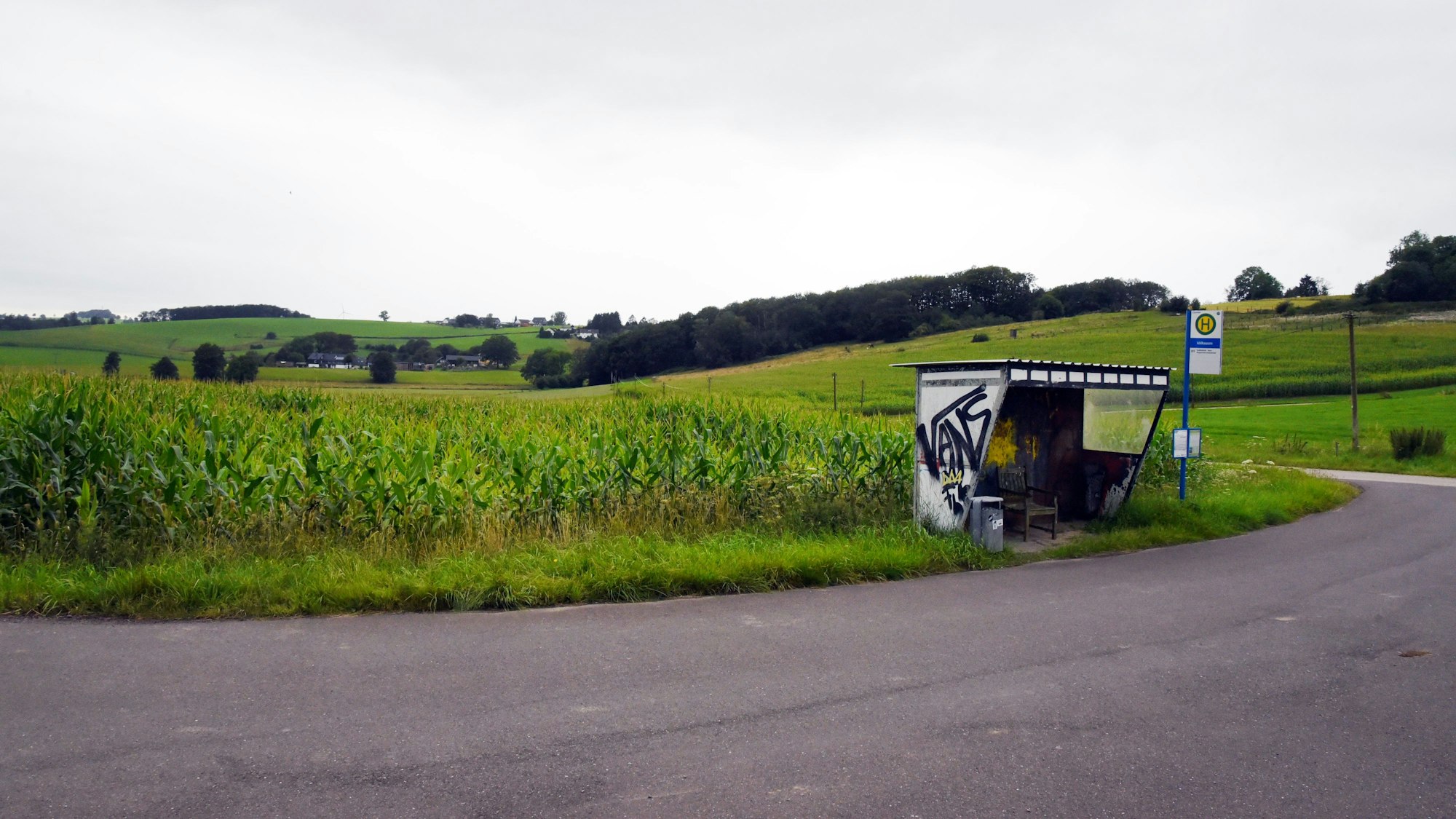 Eine mit Graffiti versehene Bushaltestelle steht mitten im Nirgendwo, drumherum nur Felder und weite Landschaften. Ein Haltestellenschild steht aus Sicht des Betrachtenden rechts von der Haltestelle. Links von der Haltestelle steht ein Mülleimer.