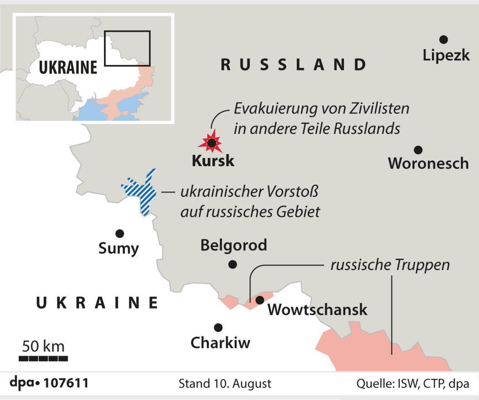 Grafik-Karte Nr. 107611, Querformat 90 x 75 mm, "Lage in der Region Kursk (Aktualisierung)", "ukrainischer Vorstoß auf russisches Gebiet"; Grafik: A. Brühl, P. Massow; Redaktion: A. Brühl, J. John