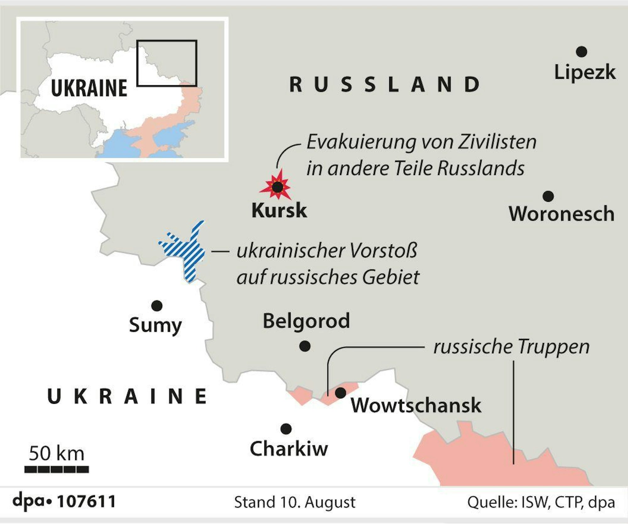 Grafik-Karte Nr. 107611, Querformat 90 x 75 mm, "Lage in der Region Kursk (Aktualisierung)", "ukrainischer Vorstoß auf russisches Gebiet"; Grafik: A. Brühl, P. Massow; Redaktion: A. Brühl, J. John