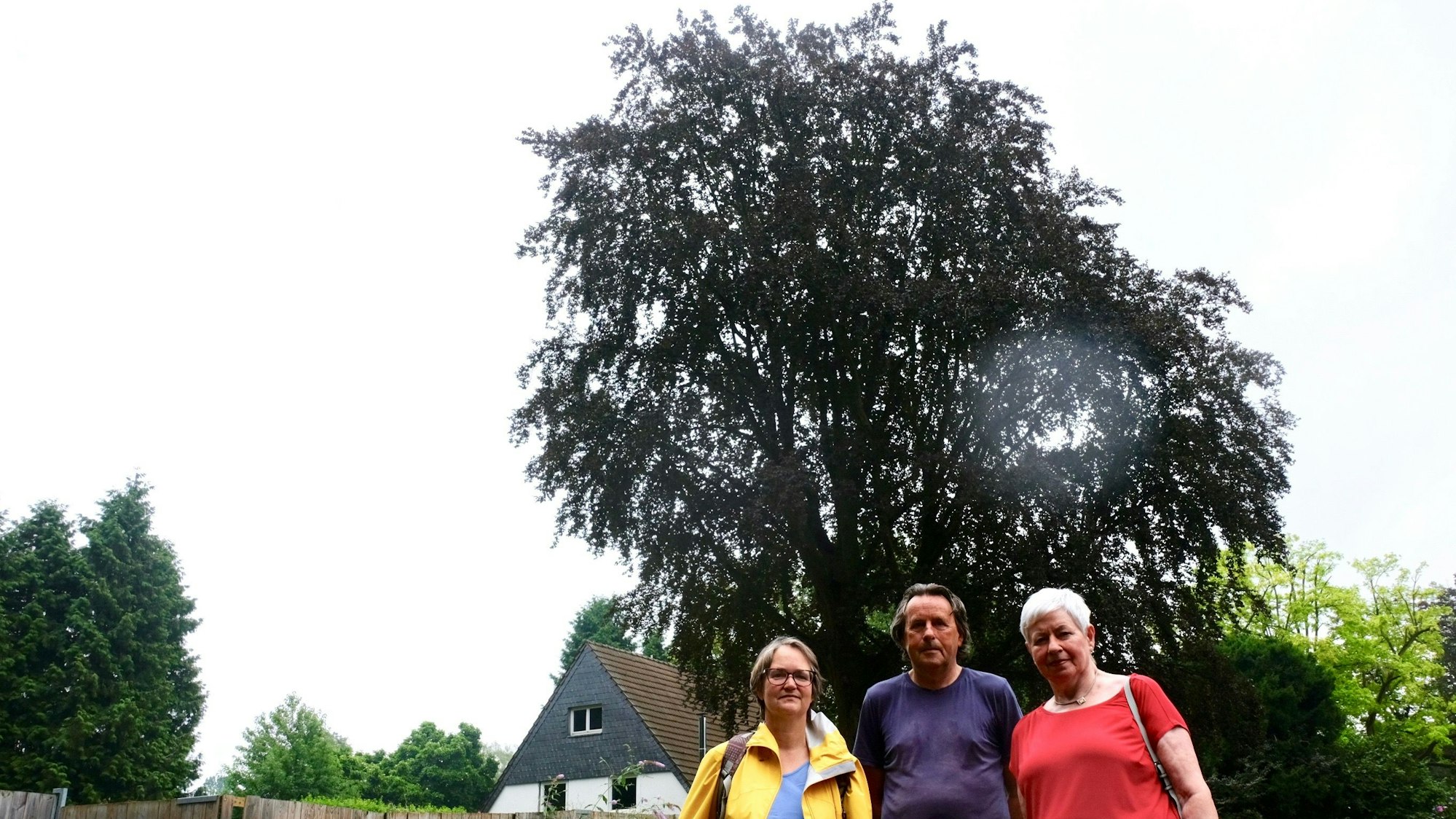 Die Bezirksvertreter Ute Ackermann, Roland Schüler und Barbara Albat (SPD, v.l.) vor der Rotuche Am Mönchshof in Deckstein.