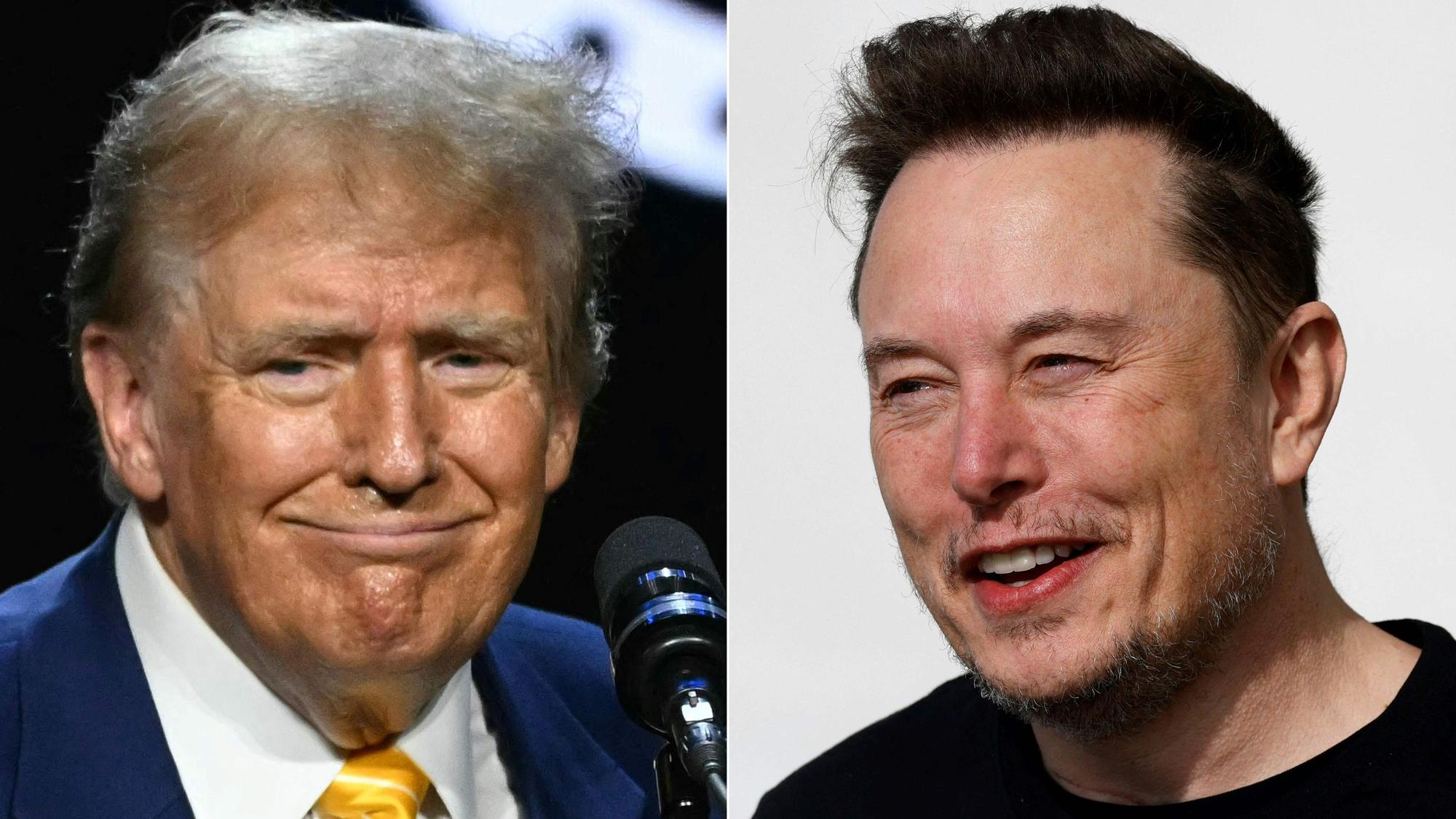 Diese Kombination von Bildern, die am 12. August 2024 erstellt wurde, zeigt (v.l.n.r.) den ehemaligen US-Präsidenten und republikanischen Präsidentschaftskandidaten von 2024, Donald Trump und Tesla-Chef Elon Musk.