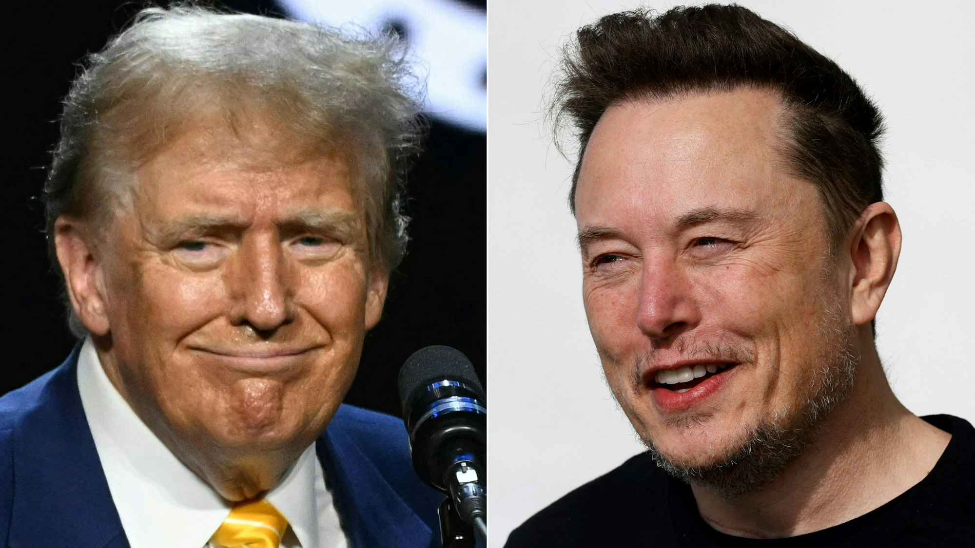 Diese Kombination von Bildern, die am 12. August 2024 erstellt wurde, zeigt (v.l.n.r.) den ehemaligen US-Präsidenten und republikanischen Präsidentschaftskandidaten von 2024, Donald Trump und Tesla-Chef Elon Musk.