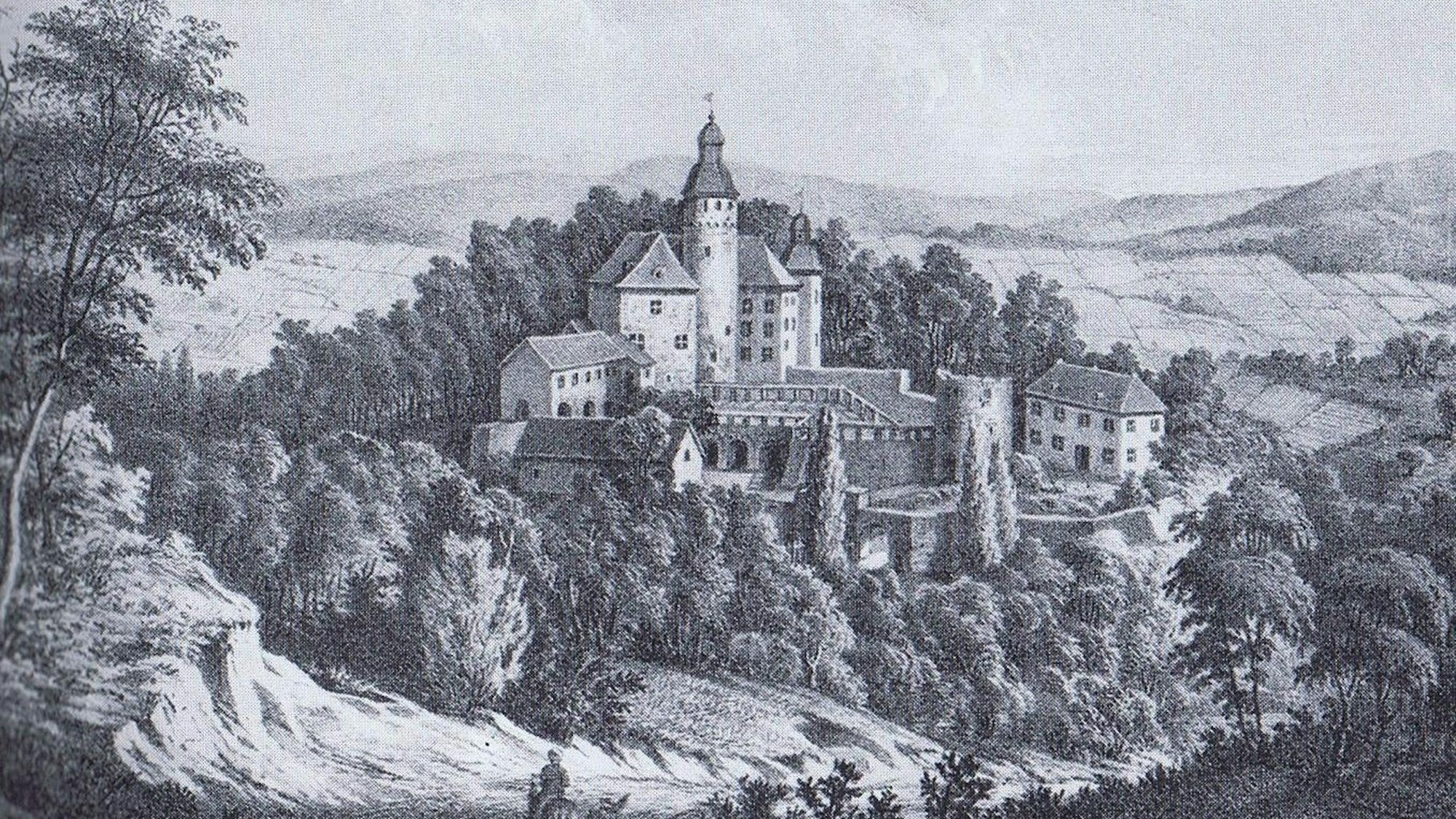 Die Zeichnung von L. Cajetan zeigt Schloss Homburg um 1850.