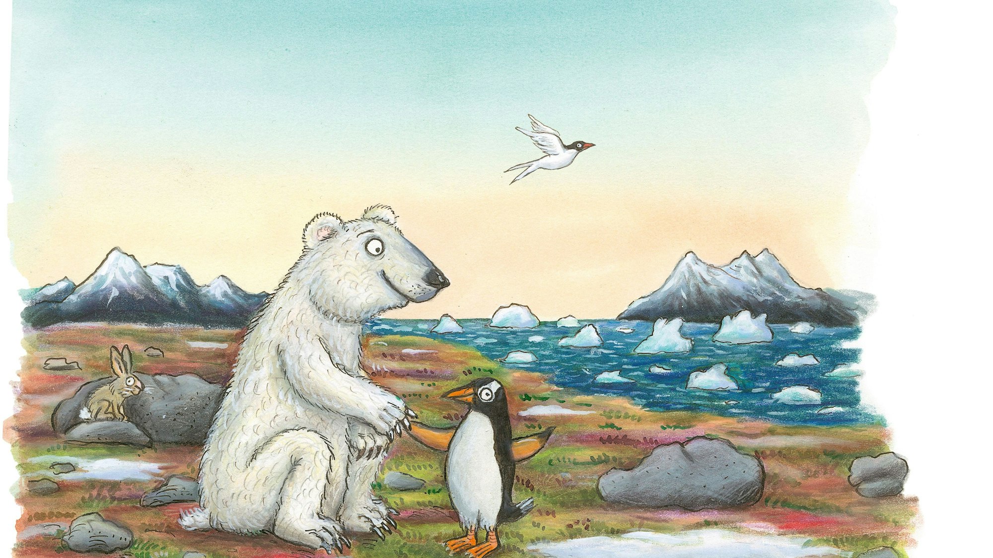 Illustration aus „Ponti Pento. Die Abenteuer eines Pinguins“ von Axel Scheffler.