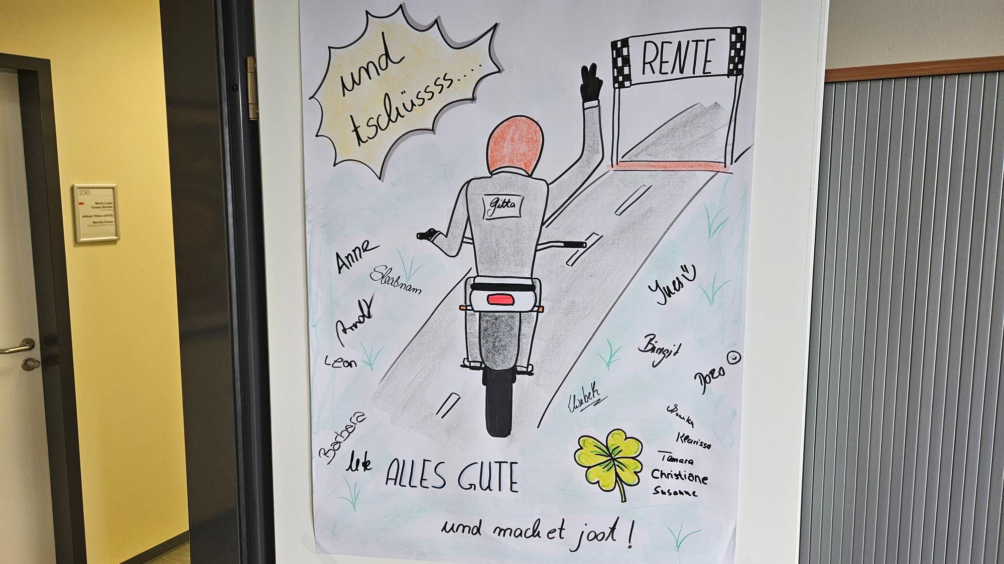 In der Zeichnung fährt eine Motorradfahrerin auf das Ziel, die Rente, zu.