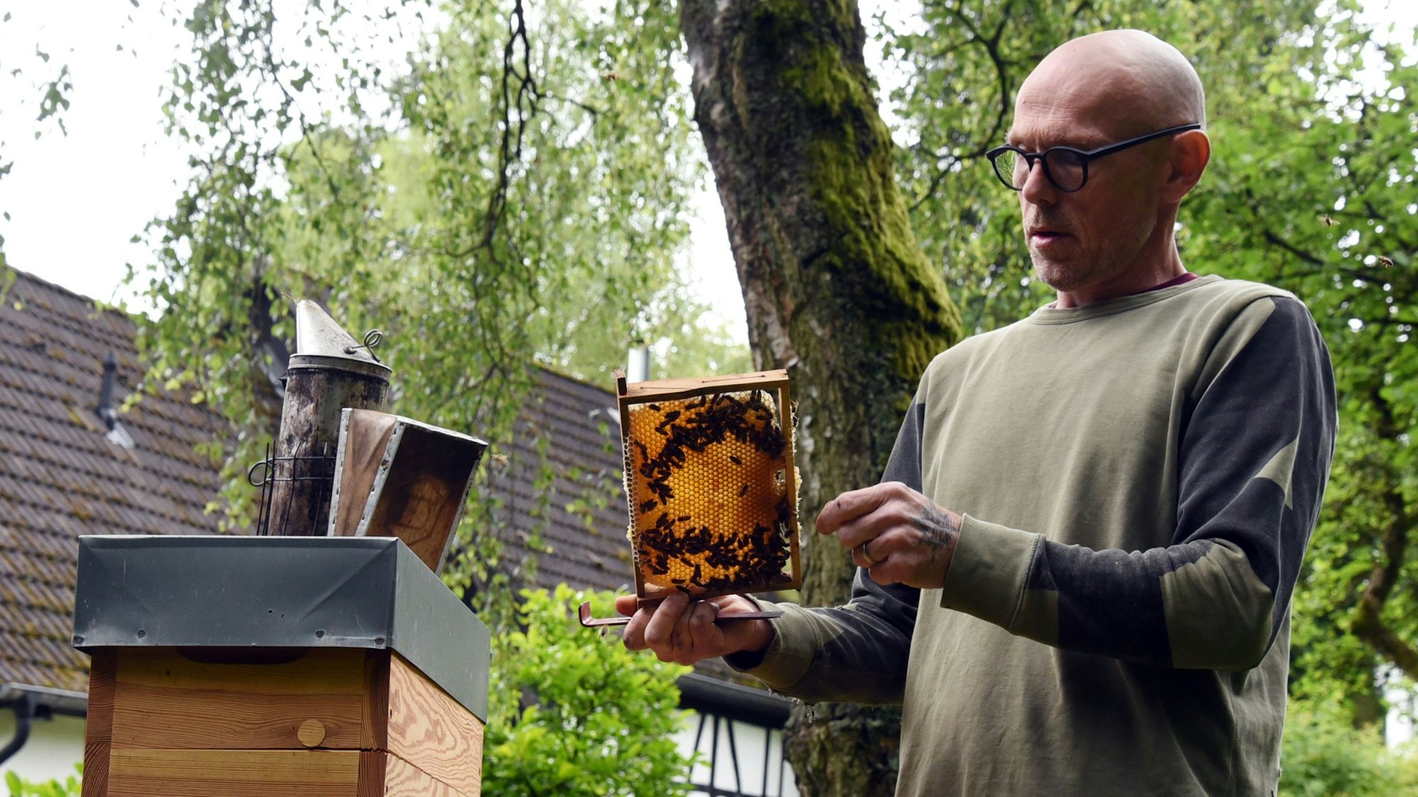 Matthew Jones an einem seiner Bienenstöcke.