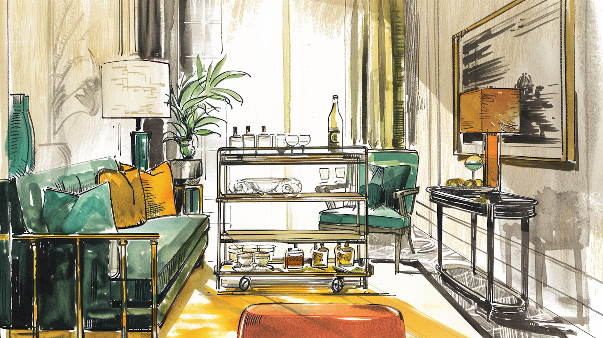 Illustration: gezeichnetes Wohnzimmer mit Sofa und Barwagen