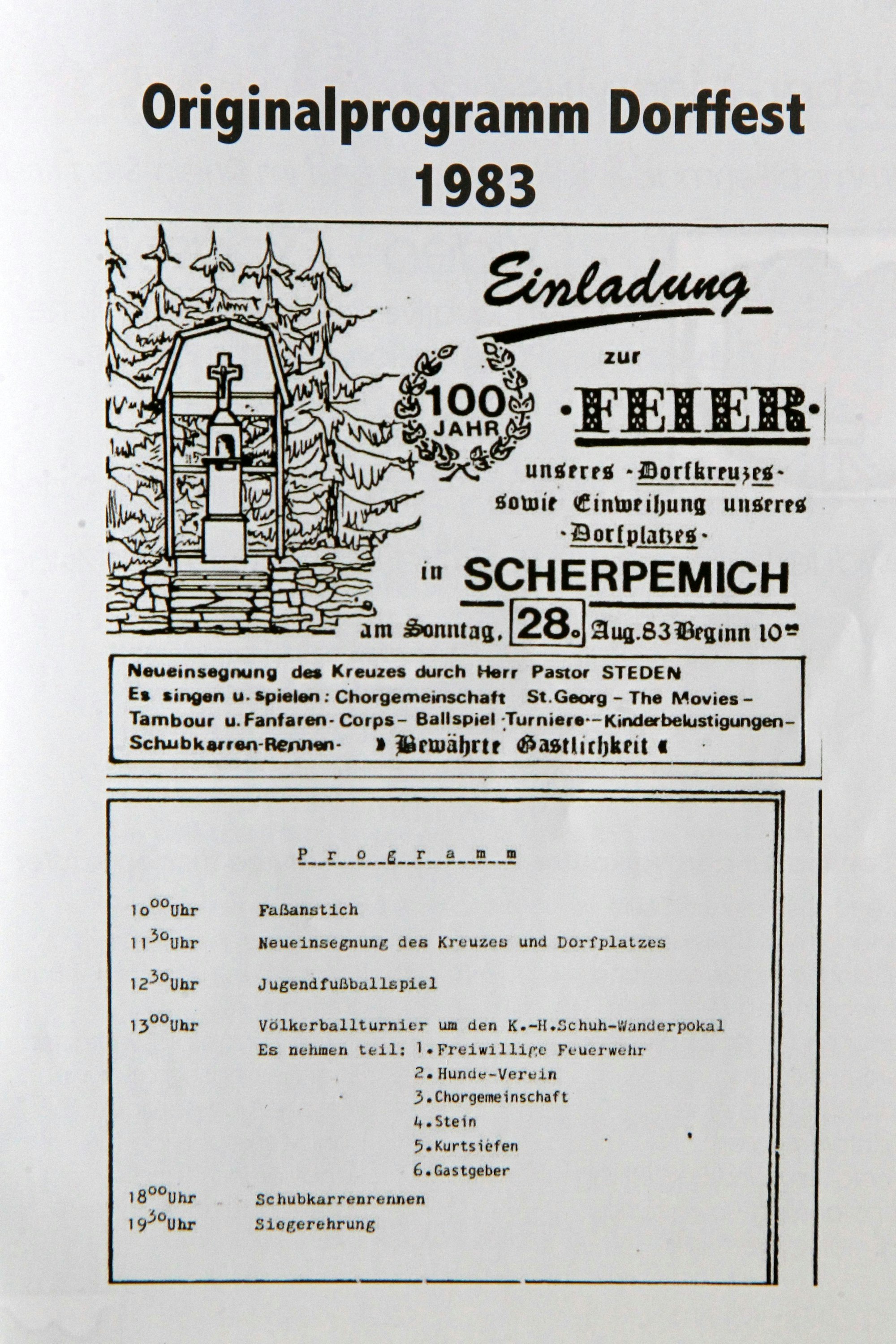Die offizielle Einladung zum Dorffest 1983 mit Hinweis auf das erste Völkerball-Turnier ab 13 Uhr.