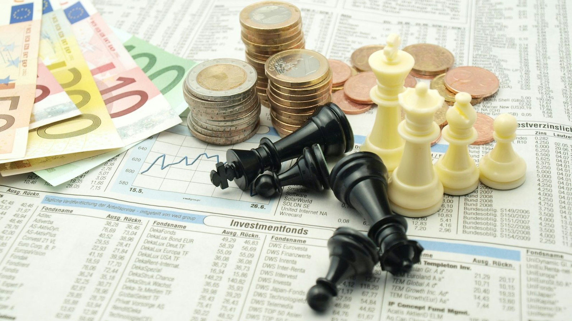 Geldscheine, Münzstapel und Schachfiguren liegen auf einer Zeitungsseite mit Börsenzahlen.