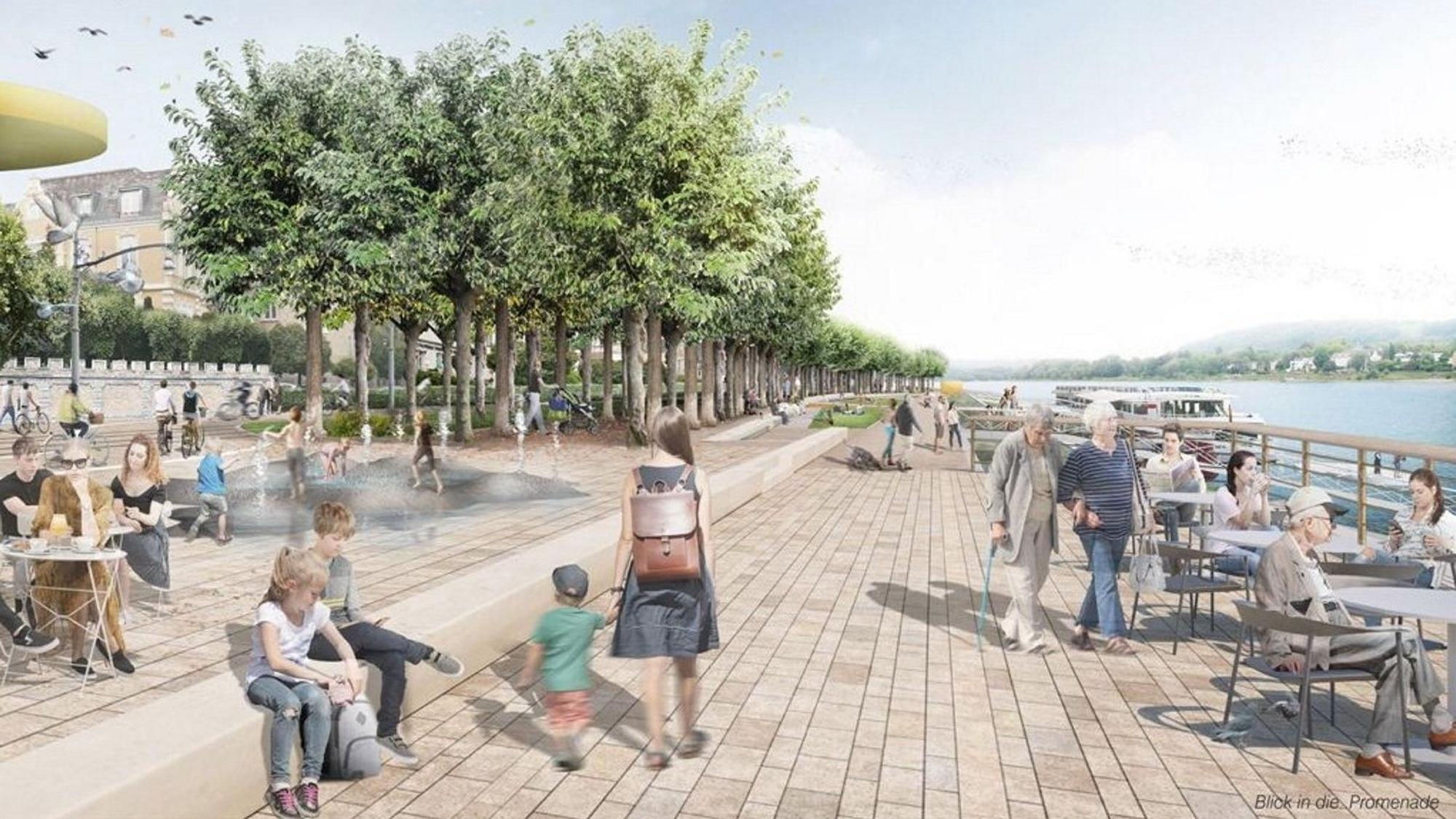 Eine Visualisierung zeigt die künftige Rheinpromenade im Entwurf.