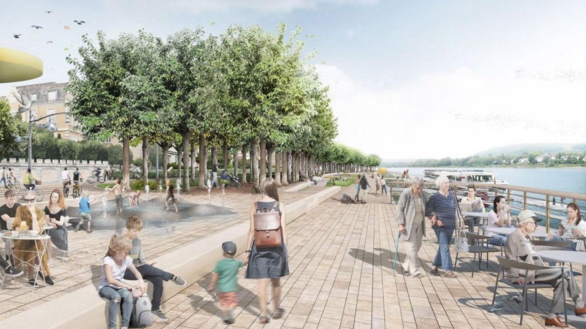 Eine Visualisierung zeigt Menschen an Tischen am Rhein, Spaziergänger und Kinder an einem Brunnen.