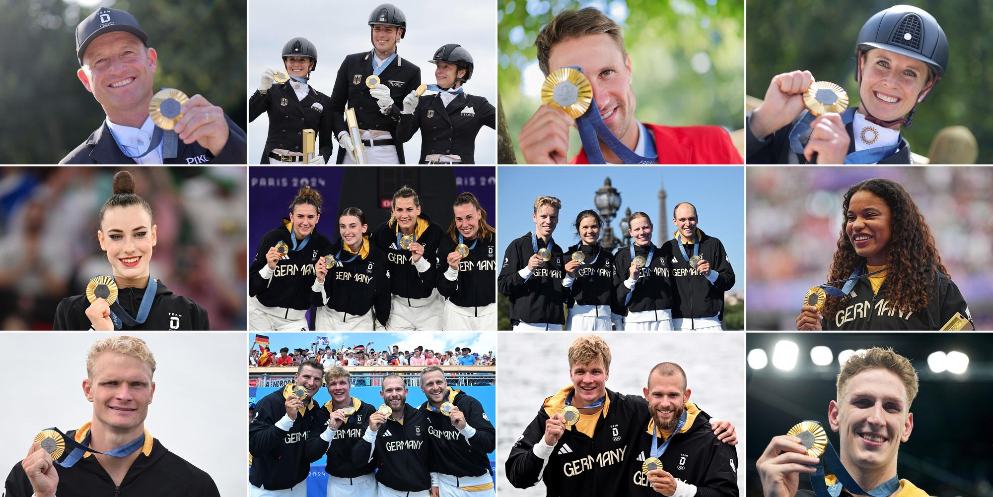 Die zwölfteilige Bildkombo zeigt die zwölf Goldmedaillengewinner aus Deutschland bei den Olympischen Sommerspielen, (oben/l-r) Pferdesport, Vielseitigkeit, Einzel, Springreiten, Michael Jung - Pferdesport, Dressur, Mannschaft Jessica von Bredow-Werndl (l-r), Frederic Wandres und Isabell Werth - Springen, Einzel, Finale, Deutschlands Christian Kukuk - Dressur, Einzel, Finale, Jessica von Bredow-Wernd; Mitte (l-r) Rhythmische Sportgymnastik, Einzel, Mehrkampf, Darja Varfolomeev - 3x3 Basketball, Frauen, Marie Reichert, Elisa Mevius, Sonja Greinacher und Svenja Brunckhorst - Triathlon, Staffel, Mixed, das deutsche Triathlon-Team mit (vl) Tim Hellwig, Lisa Tertsch, Laura Lindemann und Lasse Lührs - Leichtathletik, Kugelstoß, Frauen, Yemisi Ogunleye; unten (l-r) Rudern, Einer, Männer, Oliver Zeidler - Kajak-Vierer, 500m, Herren, Tom Liebscher-Lucz, Jacob Schopf, Max Lemke und Max Rendschmidt - Kajak-Zweier, 500 m, Herren, Finale, Jacob Schopf und Max Lemke - Schwimmen, 400m Freistil, Männer, Finale, Lukas Märtens. Foto: dpa +++ dpa-Bildfunk +++