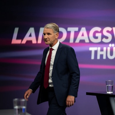 Der Spitzenkandidat und Landesvorsitzender der AfD Thüringen, Björn Höcke, nimmt an der MDR-Sendung "Fakt ist!" mit Spitzenkandidaten zur Landtagswahl in Thüringen teil.