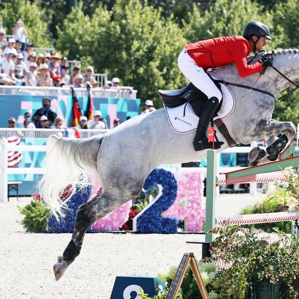 Olympiasieger Christian Kukuk auf seinem Pferd Checker waehrend der Springpruefung bei den Olympischen Sommerspielen in Paris.