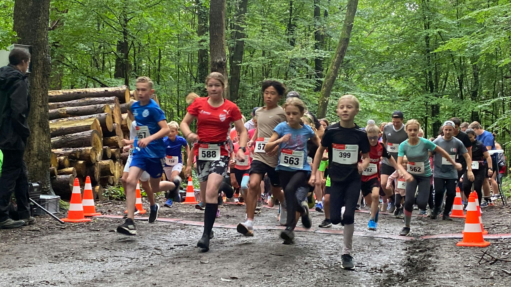 Kinder und Jugendlichen rennen durch einen Wald.
