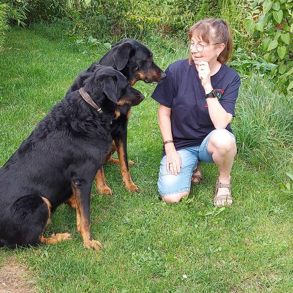 Carina Niesen kniet bei ihren beiden schwarzen Beauceron-Hütehunden Juna (hinten) und Mora.