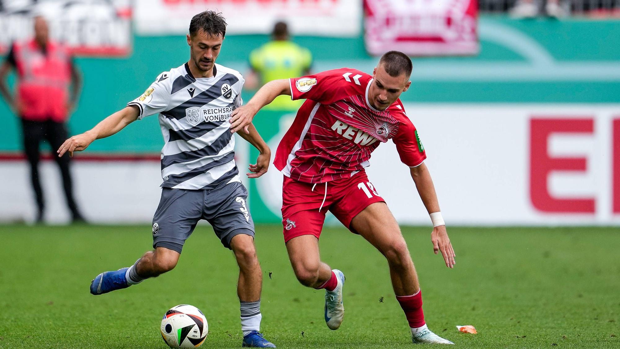 Tim Lemperle (r.) vom 1. FC Köln kämpft mit Sandhausens Christoph Ehlich um den Ball.