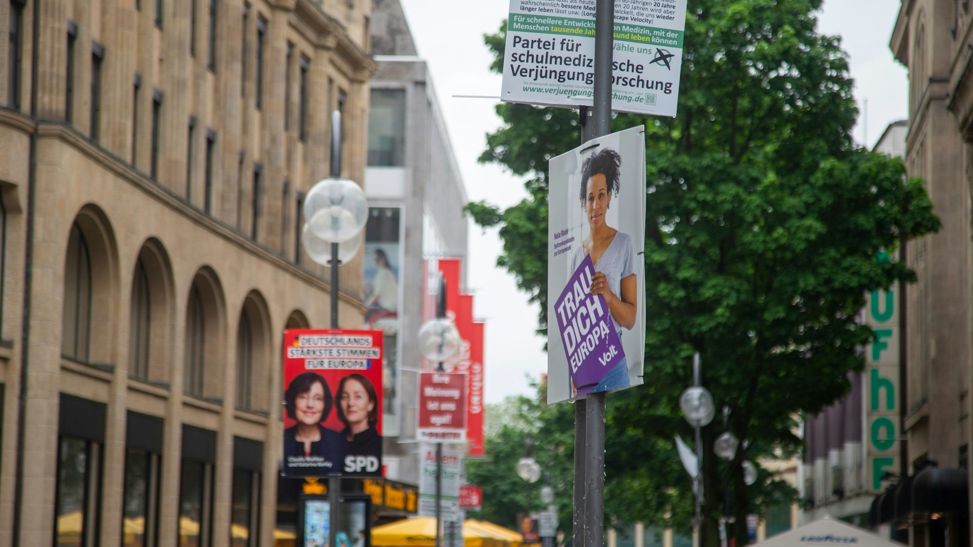 Wahlplakate der Parteien hingen vor der Europawahl 2024 in der Stadt.