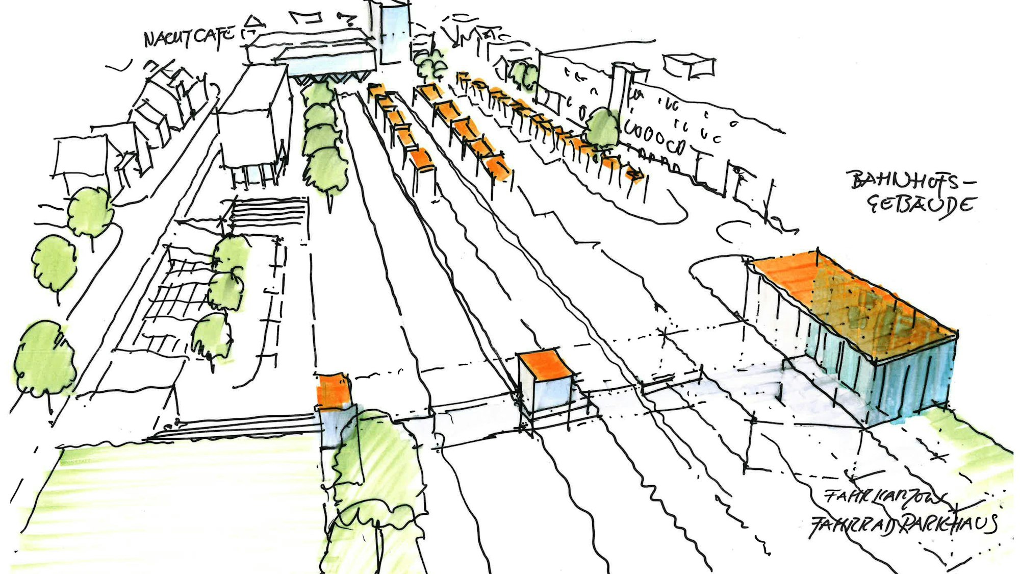 Die Skizze zeigt eine Visualisierung des Bahnhofsgeländes