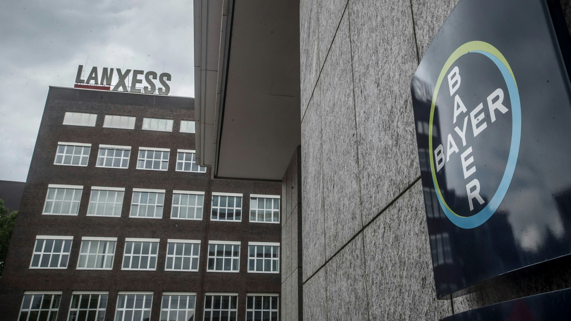 Schriftzüge von Lanxess und Bayer im Chempark