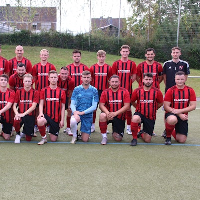 Der TB-SV Füssenich-Geich hat sich für ein Mannschaftsfoto auf Kunstrasen positioniert.