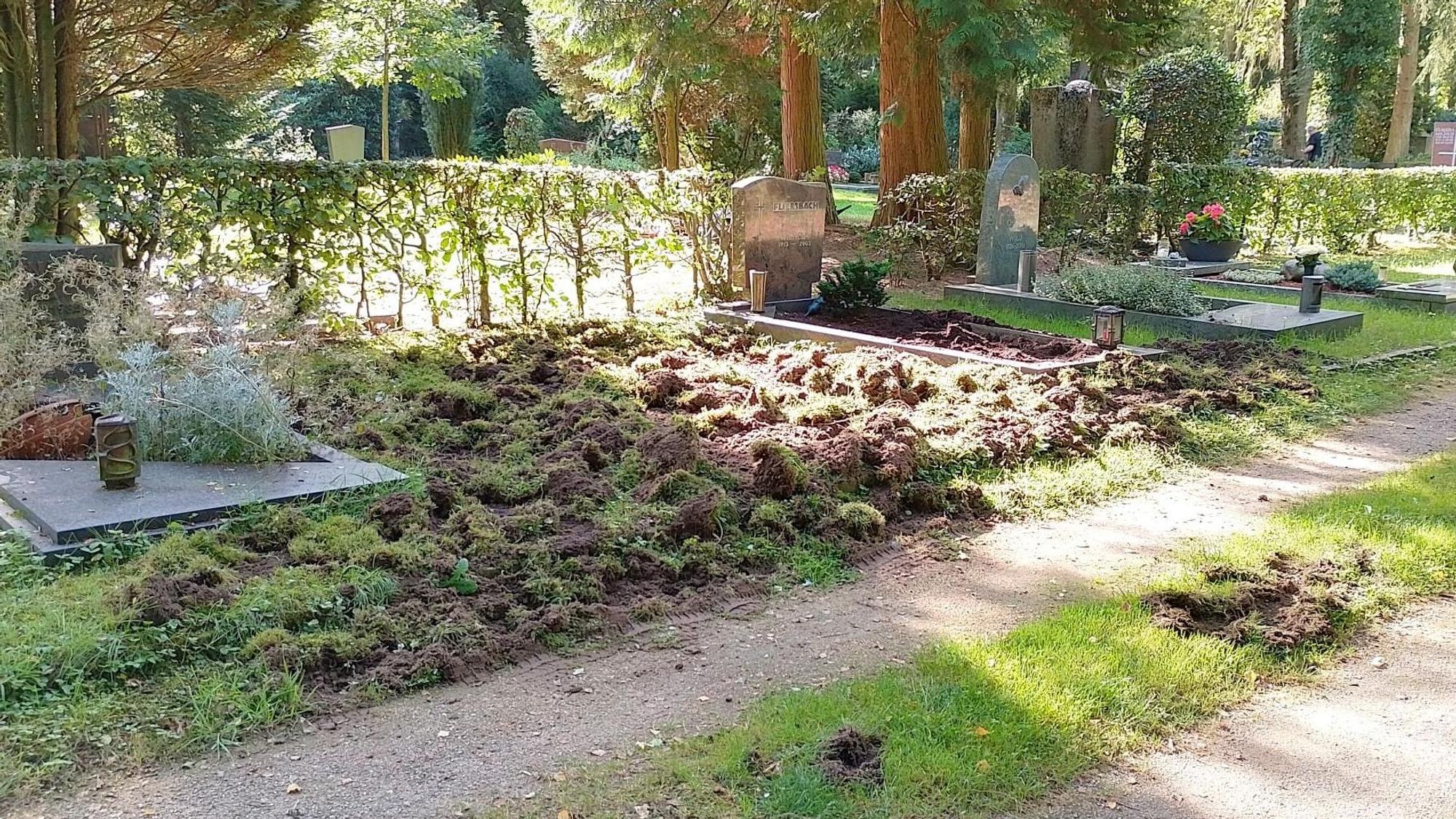 Aufgewühlte Fläche zwischen zwei Gräbern auf einem Friedhof
