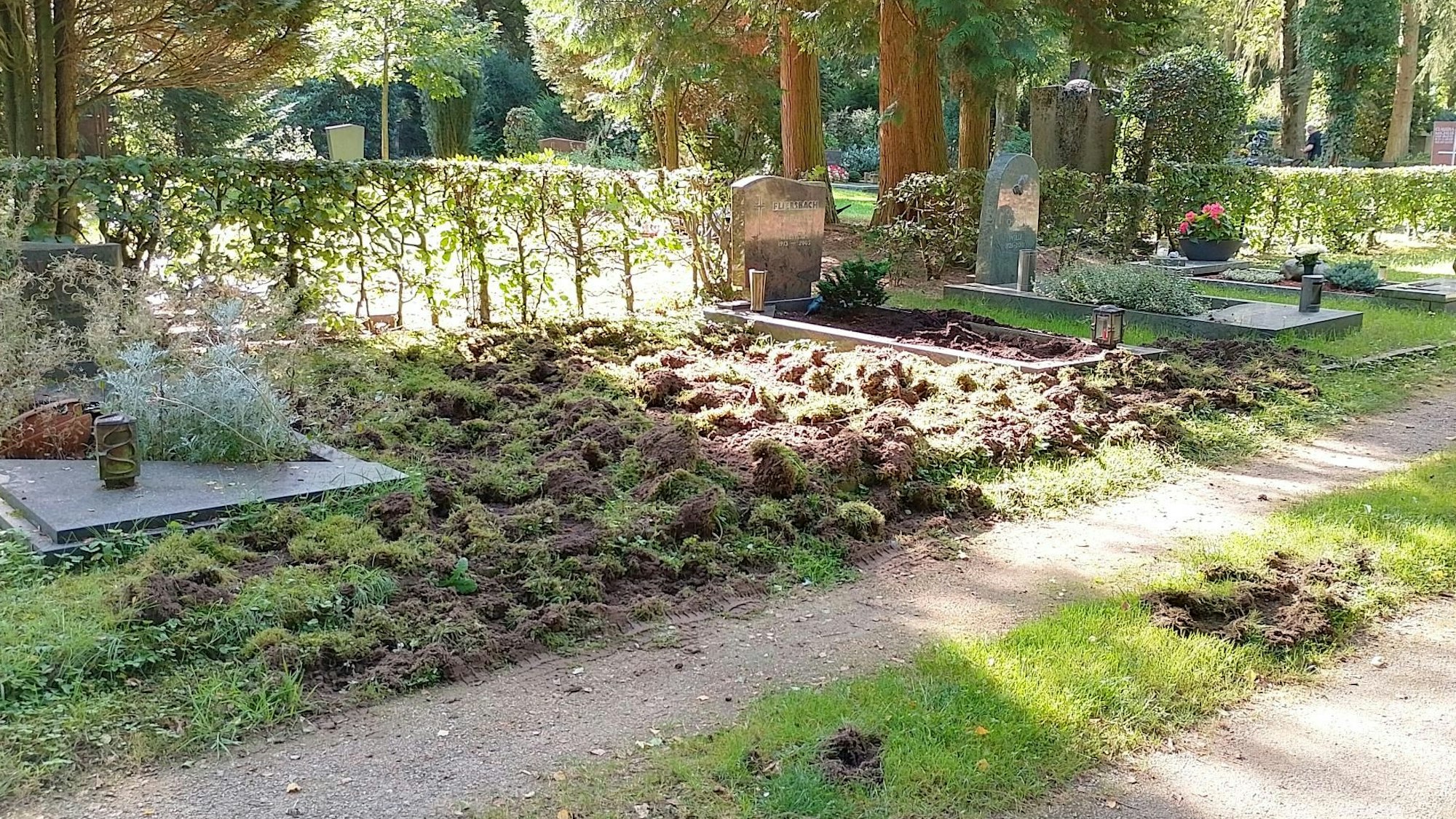 Aufgewühlte Fläche zwischen zwei Gräbern auf einem Friedhof