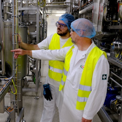 Ausbilder Peter Eiblmayr (r.) und Azubi Nicolas Bertram stehen in weißer Arbeitskleidung mit Haarnetz und gelber Sicherheitsweste in einem Gewirr von Edelstahl-Rohrleitungen einer Molkerei.