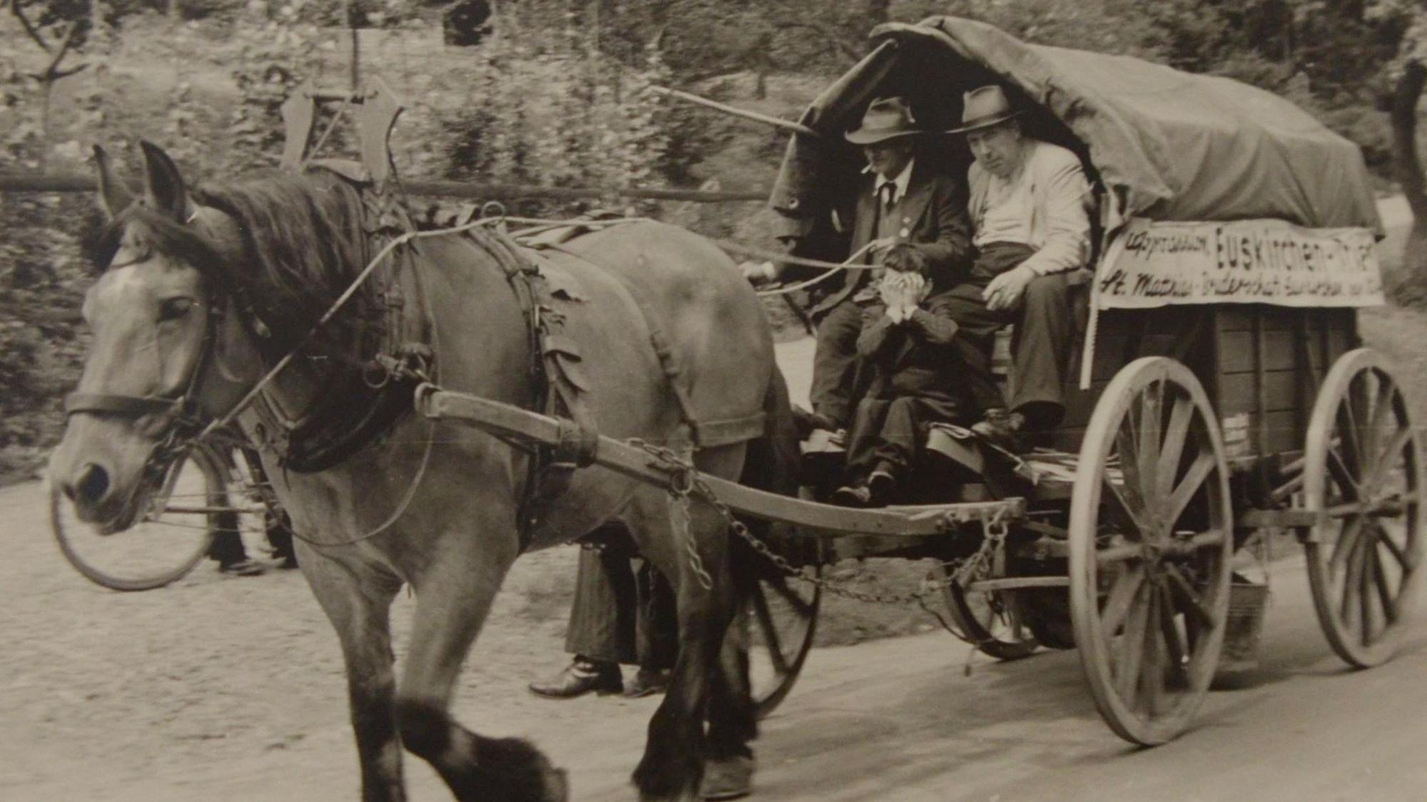 Ein Pferd zieht einen Planwagen, in dem zwei Männer sitzen.