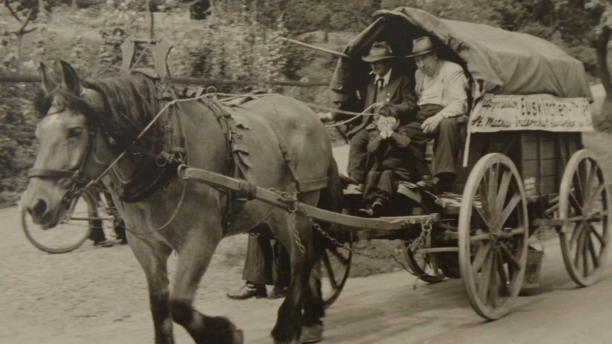 Ein Pferd zieht einen Planwagen, in dem zwei Männer sitzen.